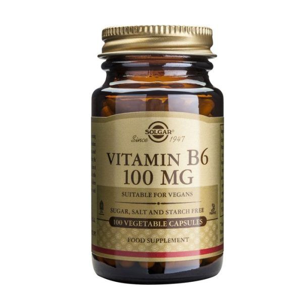 Solgar Vitamin B6 100mg Συμπλήρωμα Διατροφής Βιταμίνης Β6, Ενισχύει την Ψυχολογική Λειτουργία & το Ανοσοποιητικό Σύστημα, 100veg.caps