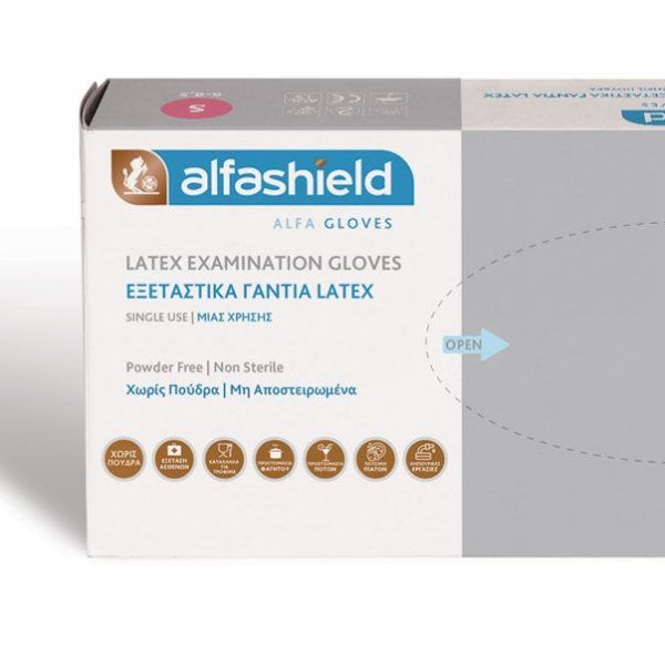 Alfashield Alfa Gloves Latex Gloves Powder Free 100pcs (Εξεταστικά Γάντια Λάτεξ Χωρίς Πούδρα 100τεμ) Small
