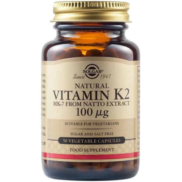 Solgar Vitamin K2 100mg σε Μορφή ΜΚ-7 (μενακινόνη-7) Συμπλήρωμα Διατροφής Βιταμίνη Κ2 Συμβάλλει στην Ομαλή Πήξη του Αίματος & Ενισχύει την Υγεία των Οστών, 50veg.caps