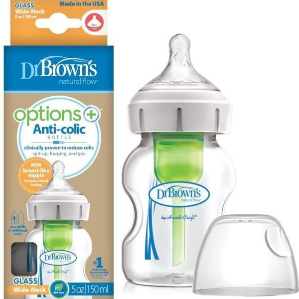 Dr. Brown's Options + Anti-colic WB 51700, Γυάλινο Μπιμπερό με Φαρδύ Λαιμό με Θηλή Σιλικόνης, 150ml