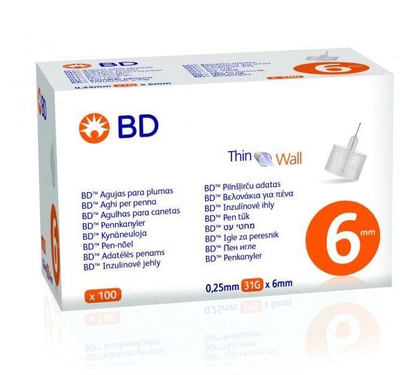 BD Thin Wall Αποστειρωμένες Βελόνες για Πένες Ινσουλίνης 31GX6MM, 100 Tμχ