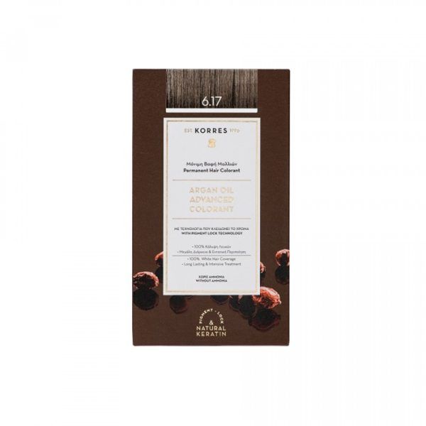 Korres Argan Oil Advanced Colorant 6.17 Βαφή Μαλλιών Ξανθό Σκούρο Μπεζ, 1 τεμάχιο