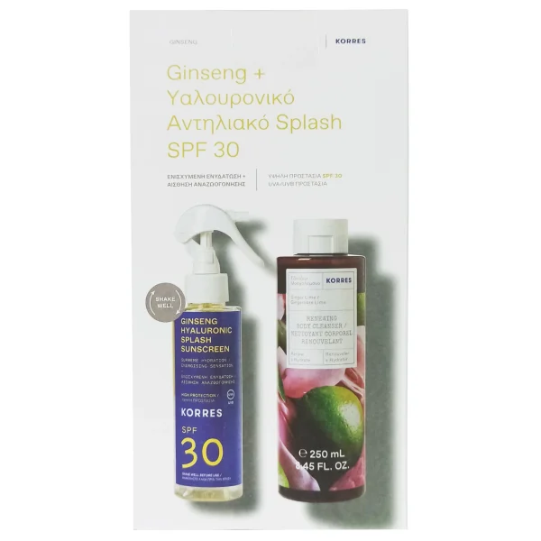 Korres Promo Ginseng Hyaluronic Sunscreen Splash Spf30 150ml & Renewing Body Cleanser, Ginger & Lime 250ml