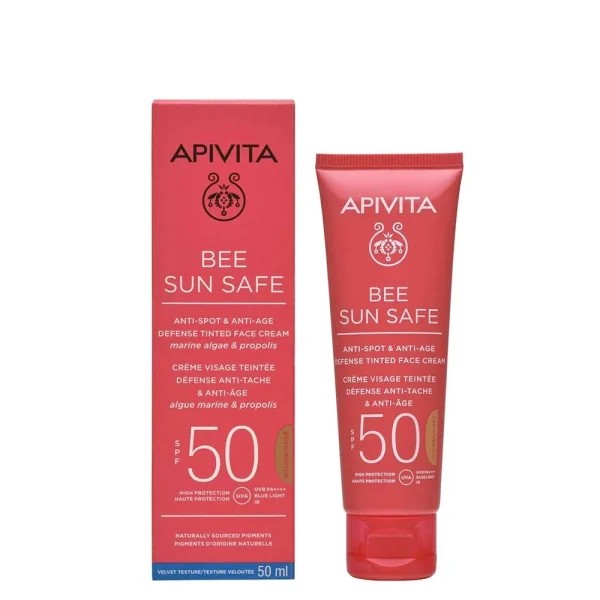 Apivita Bee Sun Safe Anti-Spot & Anti-Age Defence Tinted Face Cream SPF50 με Θαλάσσια Φύκη και Πρόπολη Gold 50ml