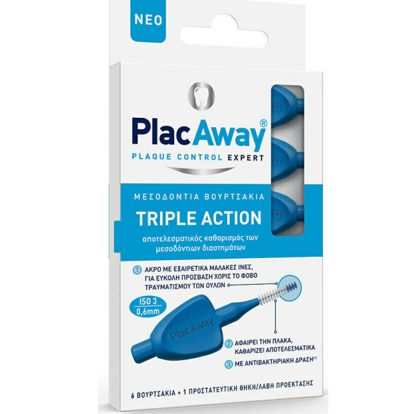 Plac Away Triple Action Μεσοδόντια Βουρτσάκια 0.6mm ISO 3, Μπλε, 6τεμ