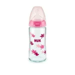Nuk Γυάλινο Μπιμπερό First Choice Plus Temperature Control Κατά των Κολικών με Θηλή Σιλικόνης 240ml για 0-6 μηνών (Τυχαία Επιλογή Χρώματος)