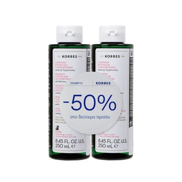 Korres Promo (50% στο Δεύτερο Προϊόν) Σαμπουάν κατά της Τριχόπτωσης με Κυστίνη & Γλυκοπρωτεΐνες για Γυναίκες, 2x250ml
