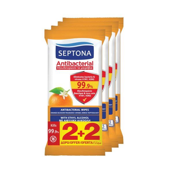 Septona Αντιβακτηριδιακά Μαντηλάκια Χεριών με Άρωμα Πορτοκάλι 2 & 2 Δώρο 60τμχ