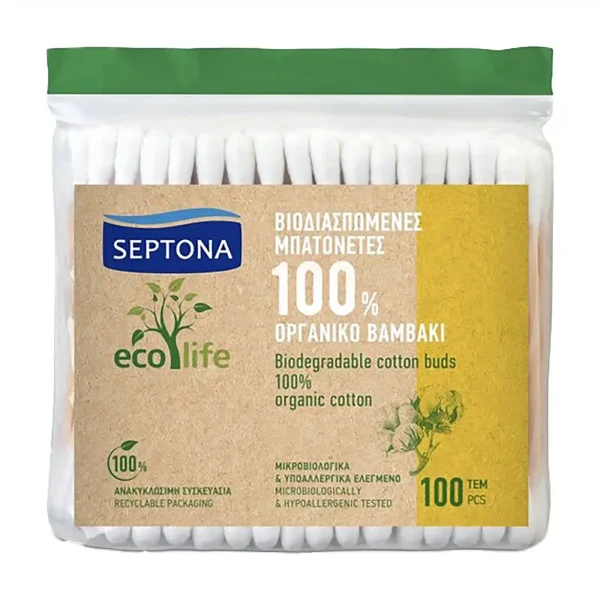 Septona Ωτοκαθαριστές Eco Life Μπατονέτες σε Σακουλάκι 100% Βαμβακερές, 100τεμ