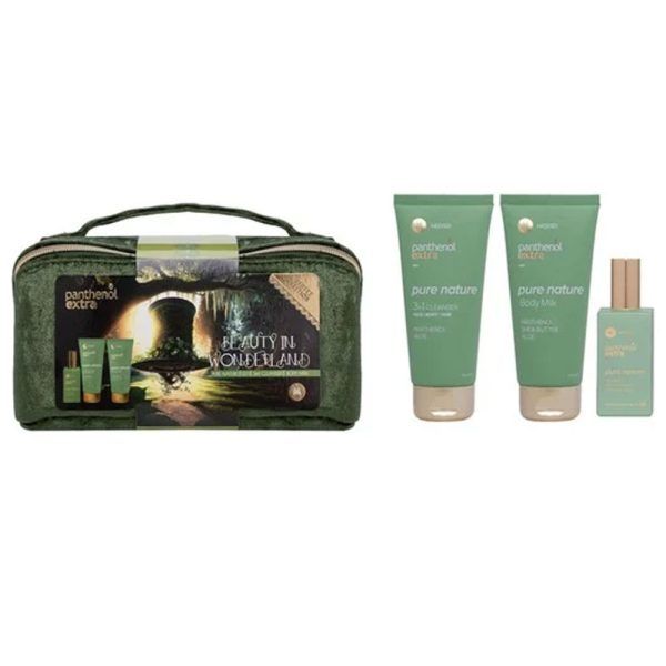 Panthenol Extra Beauty In Wonderland Edition Pure Nature Promo Eau de Toilette Γυναικείο Άρωμα, 50ml, 3in1 Cleanser Αφρόλουτρο & Σαμπουάν, 100ml, Body Milk Ενυδατικό Γαλάκτωμα Σώματος, 100ml & Νεσεσέρ, 1σετ