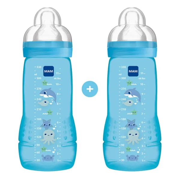 Mam Easy Active μπιμπερό κατά των Κολικών με θηλή σιλικόνης (4m+) μπλε σετ 2x330ml