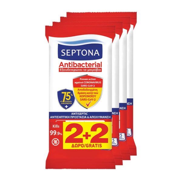 Septona Promo (2+2 Δώρο) Antibacterial Hand Wipes Αντιβακτηριδιακά Μαντηλάκια με 75% Οινόπνευμα, 4x15τεμ