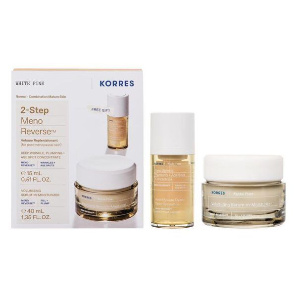 Korres Promo White Pine 2-Step Meno Reverse Λευκή Πεύκη Αναπλήρωση Όγκου με Volumizing Serum-in-Moisturizer Κρέμα Ημέρας, 40ml & Δώρο Deep Wrinkle Plumping + Age Spot Ορός Προσώπου, 15ml, 1σετ