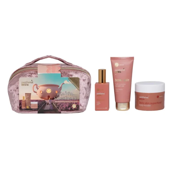Panthenol Extra Beauty In Wonderland Edition Bare Skin Promo Eau de Toilette Γυναικείο Άρωμα, 50ml, 3in1 Cleanser Αφρόλουτρο & Σαμπουάν, 100ml, Superfood Body Mousse Ενυδατικό Μους Σώματος, 100ml & Νεσεσέρ, 1σετ