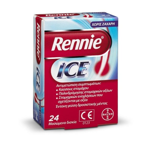 Bayer Rennie Ice Αντιμετώπιση Συμπτωμάτων Καύσους Στομάχου & Γαστρικών Ενοχλήσεων Χωρίς Ζάχαρη, 24chew.tabs