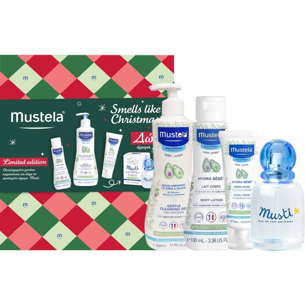 Mustela Smells Like Christmas Limited Edition Gentle Cleansing Gel Τζελ Καθαρισμού για Μαλλιά & Σώμα, 500ml, Hydra Body Lotion Λοσίον Σώματος, 100ml, Hydra Facial Cream Ενυδατική Κρέμα Προσώπου, 40ml & Δώρο Musti Eau de Soin Άρωμα, 50ml, 1σετ