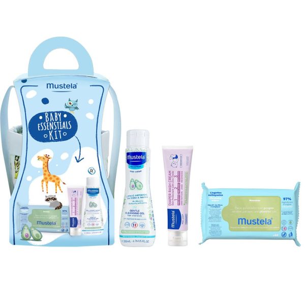 Mustela Baby Essentials Kit Gentle Cleansing Gel Απαλό Τζελ Καθαρισμού για Μαλλιά & Σώμα, 2x200ml, Cleansing Wipes Μωρομάντηλα Καθαρισμού με Βιολογικό Αβοκάντο, 60τεμ & Vitamin Barrier Cream Κρέμα Αλλαγής Πάνας, 100ml, 1σετ