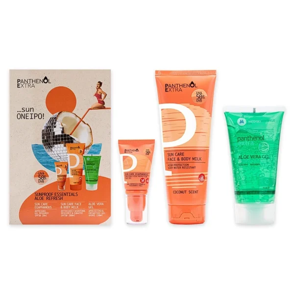 Panthenol Extra Promo Sunproof Essentials Aloe Refresh με Sun Care Diaphanous SPF 50 Αντηλιακό Gel Προσώπου, 20ml, Face & Body Milk SPF 50 Αντηλιακό Γαλάκτωμα Προσώπου & Σώματος, 200ml & Aloe Vera Gel Ενυδατικό Gel Αλόης, 150ml, 1σετ