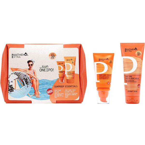Panthenol Extra Promo Sunproof Essentials με Sun Care Color SPF 50 Αντηλιακή Κρέμα-Gel Προσώπου με Χρώμα, 50ml, Sun Care Face & Body Milk SPF 50 Αντηλιακό Γαλάκτωμα για Πρόσωπο & Σώμα, 100ml & Δώρο Νεσεσέρ, 1τεμ, 1σετ