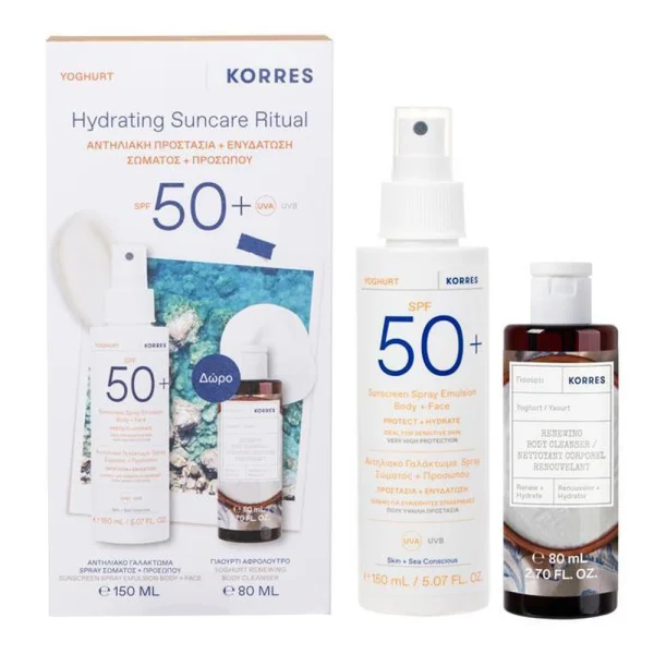 Korres Υoghurt Hydrating Suncare Ritual Σετ για Αντηλιακή Προστασία & Ενυδάτωση με Yoghurt Suncreen Spray Emulsion Αντηλιακό Γαλάκτωμα Spray Σώματος & Προσώπου SPF 50+, 150ml & Δώρο Yoghurt Renewing Body Cleanser Αφρόλουτρο, 80ml, 1σετ