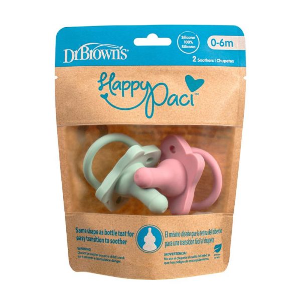 Dr Browns Happy Paci Πιπίλα Σιλικόνης Ροζ & Πράσινη 0-6m 2 Τεμάχια