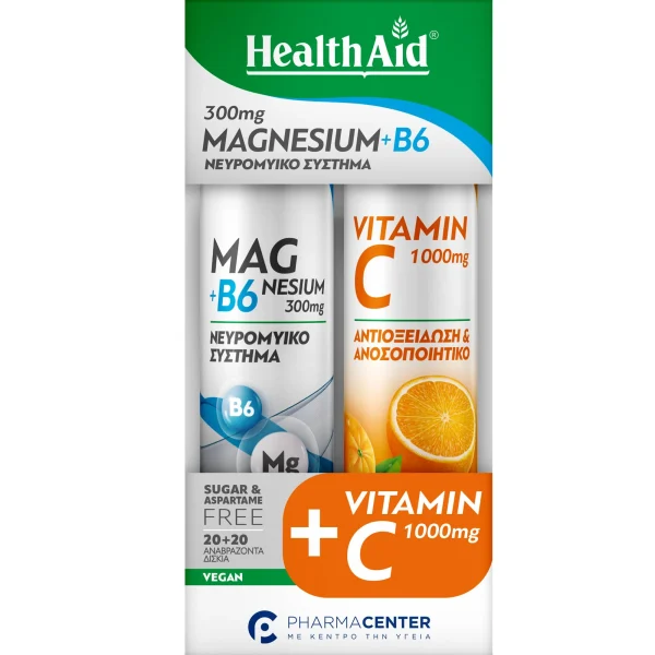 Health Aid Promo Pack Magnesium +B6 20 αναβρ. δισκία & ΔΩΡΟ Vitamin C 1000mg Γεύση Πορτοκάλι, 20 αναβρ. δισκία