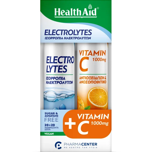Health Aid Promo Pack Electrolytes Ηλεκτρολύτες Γεύση Φράουλα 20 αναβρ.δισκία & ΔΩΡΟ Vitamin C 1000mg Γεύση Πορτοκάλι 20 αναβρ.δισκία