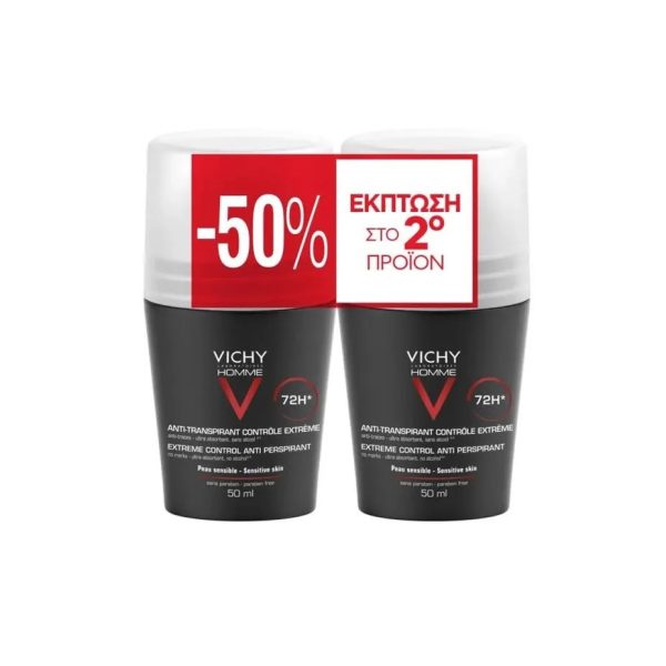 Vichy Promo (-50% στο 2ο προϊόν) Homme 72h Εxtreme Control Anti-Perspirant Roll-on Αποσμητικό, 2x50ml