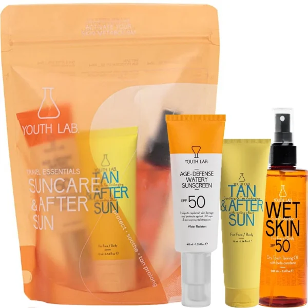 Youth Lab. Sun & After Sun Travel Set με Age-Defense Watery Αντηλιακό SPF50, 40ml, Wet Skin Αντηλιακό Ξηρό Λάδι SPF50, 100ml & Tan & After Sun Προσώπου & Σώματος, 75ml, 1σετ