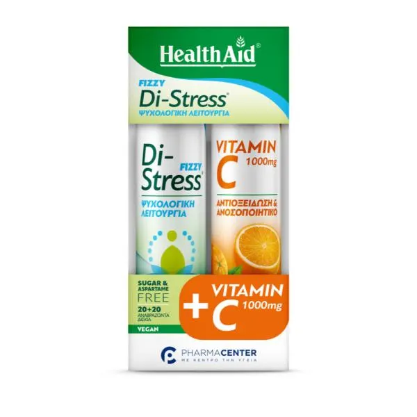 Health Aid Fizzy Di-Stress Combo Pack, Συμπληρωμα Διατροφής για Καλή Ψυχολογική Λειτουργία & Βιταμίνη C 1000mg 2x20 αναβράζοντα δισκία
