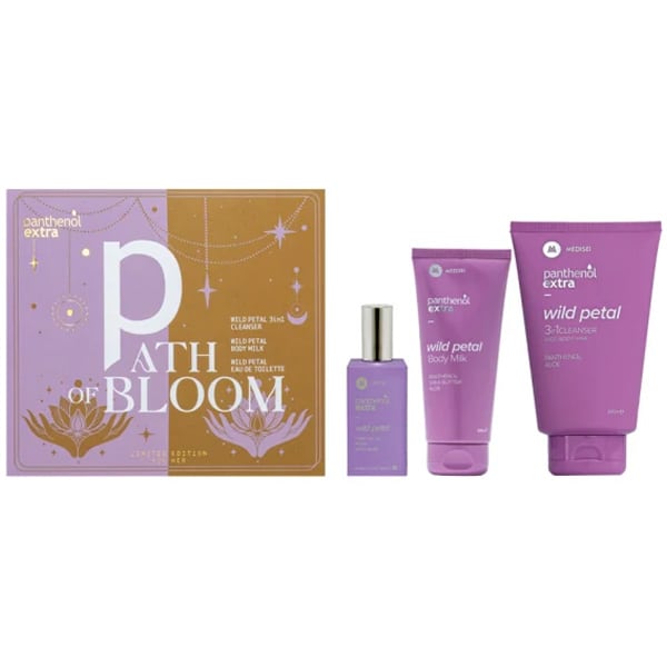 Panthenol Extra Promo Path of Bloom με Wild Petal 3in1 Cleanser Σαμπουάν-Αφρόλουτρο, 200ml & Wild Petal Body Milk Ενυδατικό Γαλάκτωμα Σώματος, 100ml & Wild Petal Eau De Toilette Γυναικείο Άρωμα, 50ml, 1σετ