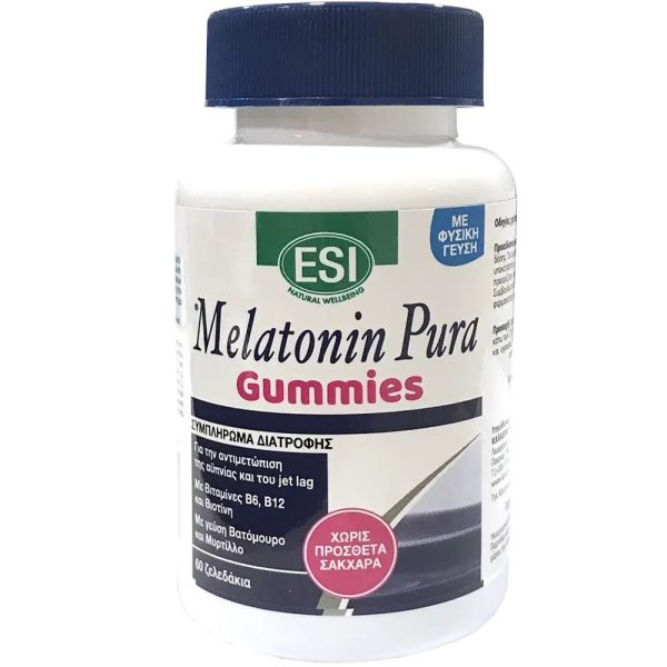 Esi Melatonin Pura Gummies Συμπλήρωμα Διατροφής Μελατονίνης, Εκχυλίσματος Βοτάνων & Βιταμινών για την Αντιμετώπιση της Αϋπνίας, του Jet Lag & Ποιοτικότερο Ύπνο με Φυσική Γεύση 60 Ζελεδάκια