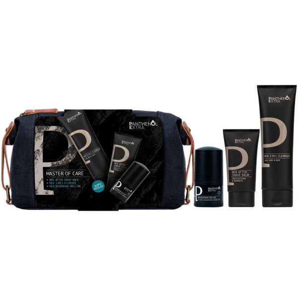Panthenol Extra Men Master of Care Promo After Shave Balm Ανδρικό Ενυδατικό Balm για μετά το Ξύρισμα, 75ml, 3 in1 Cleanser Face Body Hair Ανδρικό Αφρόλουτρο & Σαμπουάν, 200ml, Deodorant Roll-on Ανδρικό Αποσμητικό, 50ml & Δώρο Νεσεσέρ, 1σετ