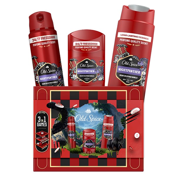 Old Spice Promo Nightpanther Aποσμητικό Στίκ, 50ml, Αφρόλουτρο & Σαμπουάν, 250ml, Aποσμητικό Spray, 150ml & Δώρο Gamebox 3in1 Games, 1τεμ, 1σετ
