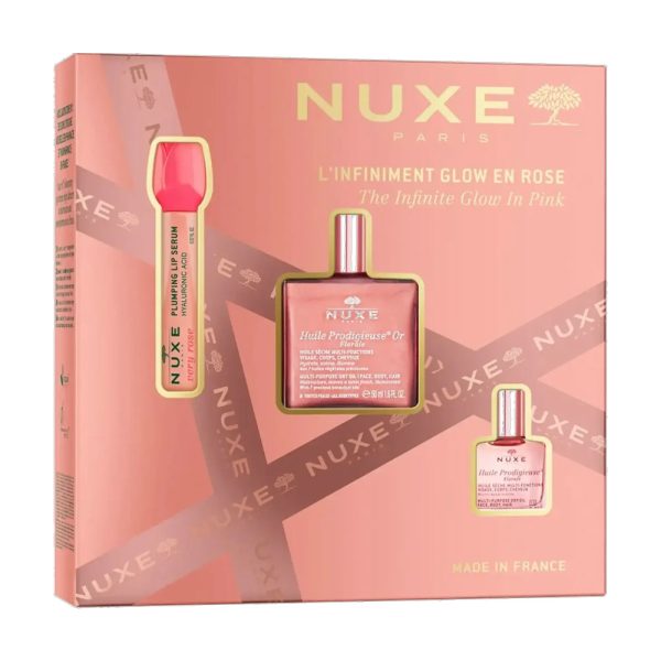 Nuxe  Set The Infinite Glow in Pink με Huile Prodigieuse Or Florale Ξηρό Έλαιο για Λάμψη με Άρωμα, 50ml, Plumping Lip Serum Ορός Χειλιών για Όγκο, 10ml & Huile Prodigieuse Florale Ξηρό Έλαιο για Θρέψη, 10ml, 1σετ