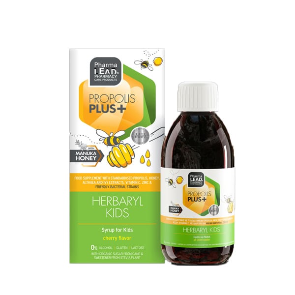 Pharmalead Propolis Plus+ Herbaryl Kids Cough Relief Sirup Συμπλήρωμα Διατροφής για Παιδιά με Πρόπολη, Μέλι Μανούκα Φυτικά Εκχυλίσματα & Βιταμίνες για το Βήχα & τον Ερεθισμένο Λαιμό με Γεύση Κεράσι 200ml