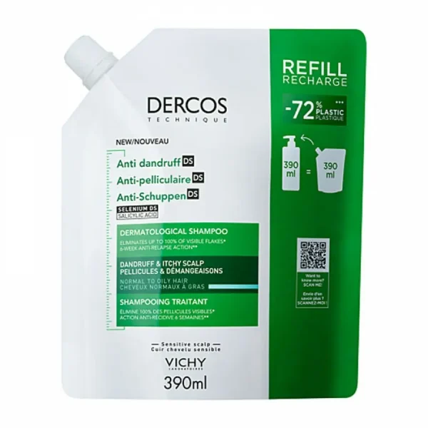 Vichy Dercos Anti-Dandruff DS Σαμπουάν κατά της πιτυρίδας για Κανονικά & Λιπαρά μαλλιά, Refill 390ml
