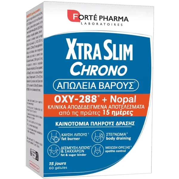 Forte Pharma XtraSlim Chrono Συμπλήρωμα Διατροφής Βοτανικών Εκχυλισμάτων, Βιταμινών & Μετάλλων Πλούσιο σε Πολυφαινόλες για Έλεγχο της Όρεξης, Στέγνωμα, Δέσμευση & Καύση του Λίπους 60caps
