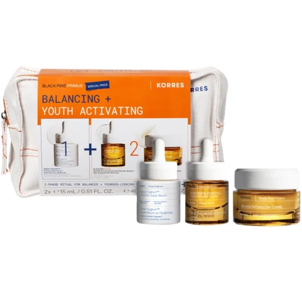 Korres Promo Pack με Smart Yoghurt Super Serum με Προβιοτικά, 15ml, Black Pine Primus 6xHA Wrinkle Smoothing Youth Activator Booster Ορός Ενεργοποίησης Νεότητας, 15ml, Wrinkle Defying Day Cream Κρέμα Νεότητας Ημέρας, 40ml & Δώρο Νεσεσέρ, 1τεμ, 1σετ