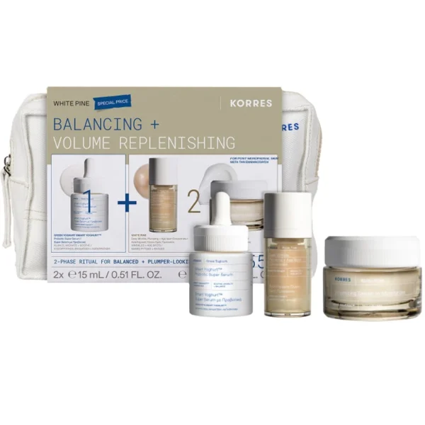 Korres Promo Pack με Smart Yoghurt Super Serum με Προβιοτικά, 15ml, White Pine Deep Wrinkle Plumping & Age Spot Ορός Αναπλήρωσης Όγκου, 15ml, Volumizing Serum-in-Moisturizer Κρέμα Ημέρας για Κανονικές/Μικτές Επιδερμίδες, 40ml & Δώρο Νεσεσέρ, 1τεμ, 1σετ