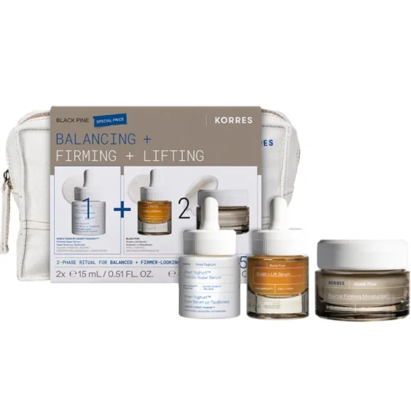 Korres Promo Pack με Smart Yoghurt Super Serum με Προβιοτικά, 15ml, Black Pine Ορός Προσώπου για Σύσφιγξη & Ανόρθωση, 15ml, Bounce Firming Moisturizer Κρέμα Προσώπου για Σύσφιγξη & Ανόρθωση, 40ml & Δώρο Νεσεσέρ, 1τεμ, 1σετ