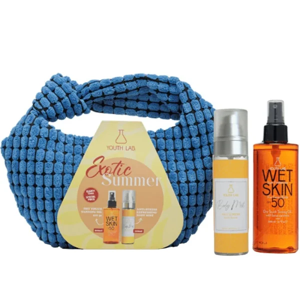Youth Lab. Promo Exotic Summer Set Wet Skin Sun Protection Dry Touch Tanning Oil Αντηλιακό Ξηρό Λάδι SPF50, 200ml & Body Mist Anti-Stress Exotic Sunrise Σπρέι Σώματος & Μαλλιών, 100ml & Tσαντάκι, 1τμχ, 1σετ