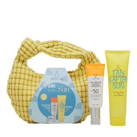 Youth Lab. Promo Fun In the Sun Set Age Defense Watery Αντηλιακό Προσώπου SPF50, 40ml & Tan & After Sun Soothing & Tan Prolonging with Cooling Effect Επανορθώνει & Καταπραΰνει τους Ερεθισμούς, 150ml & Tσαντάκι, 1τμχ, 1σετ