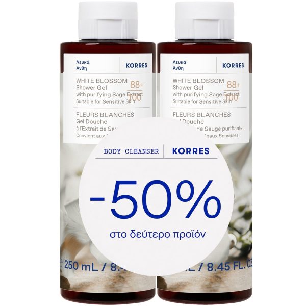Korres Promo (-50% στο 2ο Προϊόν) Αφρόλουτρο Λευκά Άνθη White Blossom, 2x250ml, 1σετ