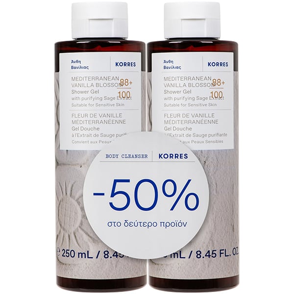 Korres Promo (-50% στο 2ο προϊόν) Αφρόλουτρο Mediterranean Vanilla Blossom,Άνθη Βανίλιας 2x250ml, 1σετ