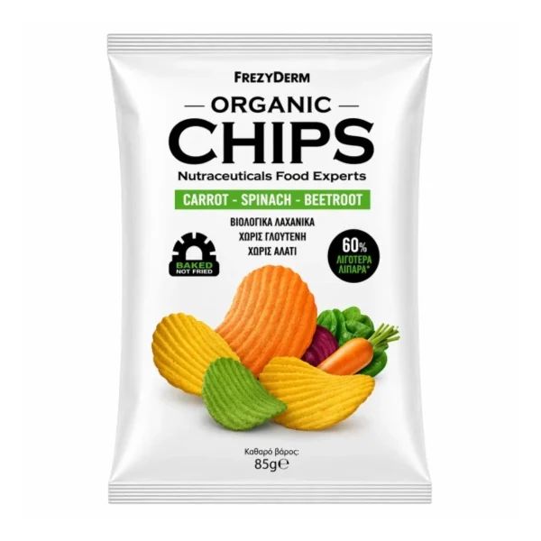 Frezyderm Organic Chips Carrot-Spinach-Beetroot Βιολογικό σνακ με γεύση Καρότο,Σπανάκι,Παντζάρι, 85g
