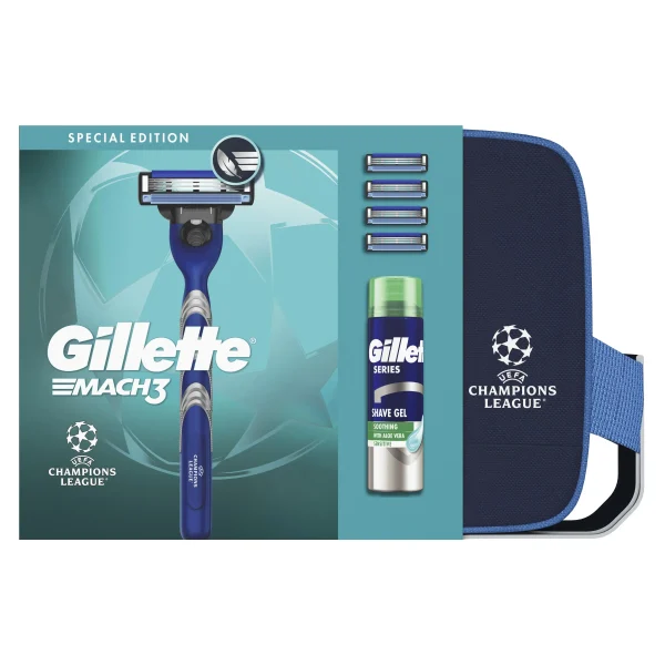 Gillette Promo Champions League Mach 3, 1 Λαβή & 4 Ανταλλακτικά & Series Sensitive Shave Gel 200ml & Νεσεσέρ 1 Τεμάχιο