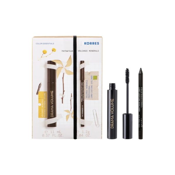 Korres Set Drama Volume No01 Black Mascara Extreme Volume για Μέγιστο Όγκο Μαύρο 11ml + Volcanic Minerals Long Lasting Eyeliner No01 Μαύρο Μολύβι 1,2gr