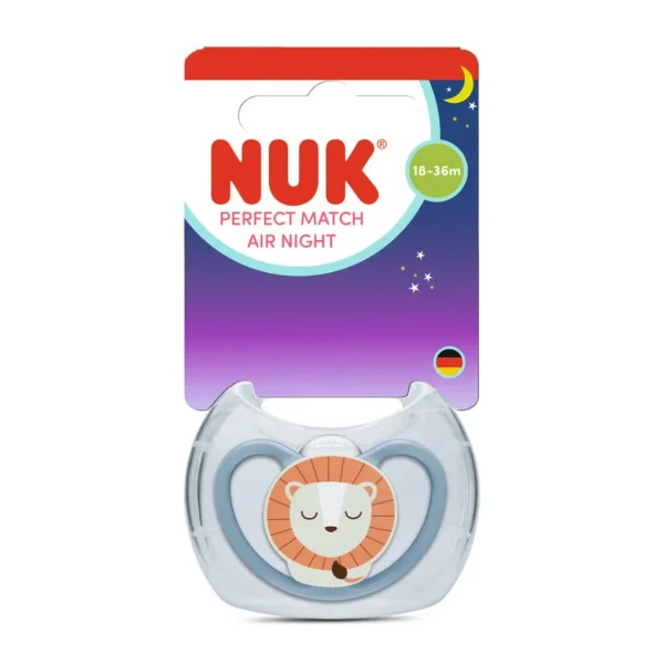 Nuk πιπίλα σιλικόνης perfect match air night με θήκη 18-36m blue lion