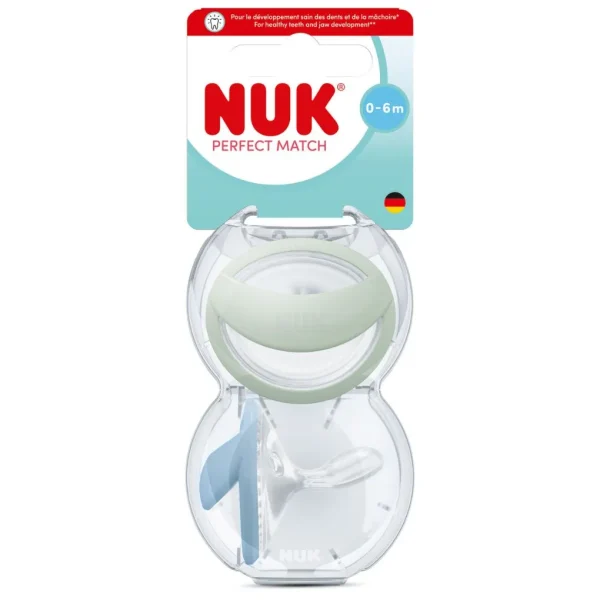 Nuk πιπίλες σιλικόνης 2τμχ perfect match air με θήκη 0-6m green/blue